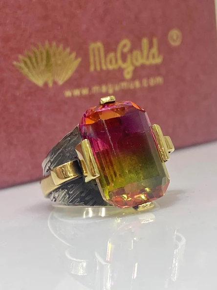 El Üretim Doğal Turmalin Taşlı Otantik 925 Ayar Gümüş Yüzük - Resim 4