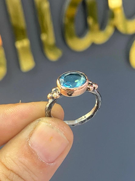 El Üretim Doğal Oval Akuamarin Otantik 925 Ayar Gümüş Yüzük - 5