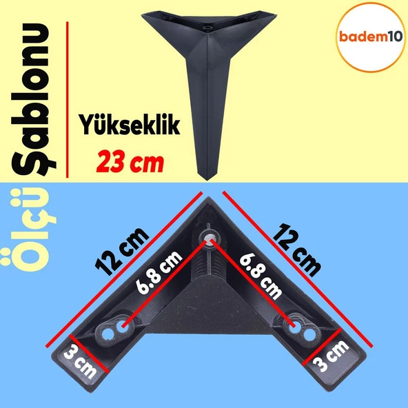 Kale Mobilya Ayağı 12'li Set Koltuk Kanepe Destek 23 Cm Siyah Tv Ünitesi Konsol Ayakları - 4