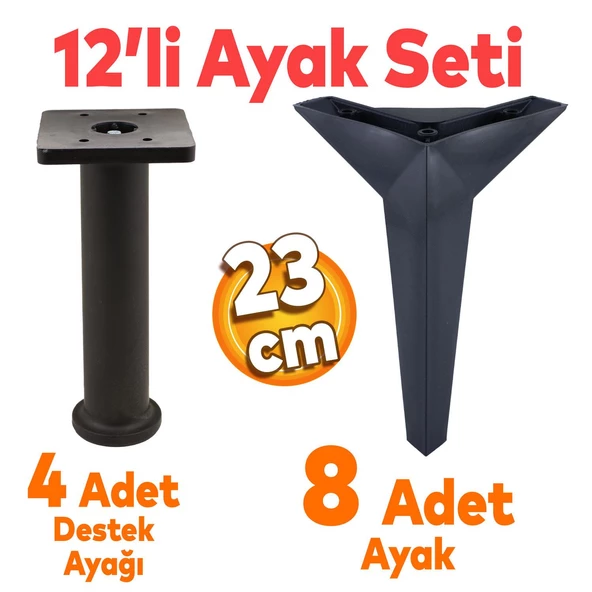 Kale Mobilya Ayağı 12'li Set Koltuk Kanepe Destek 23 Cm Siyah Tv Ünitesi Konsol Ayakları