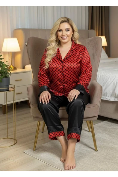 Sistina Bayan Siyah-Kırmızı Saten Uzun Kollu Pijama Takımı 1621 - Resim 5