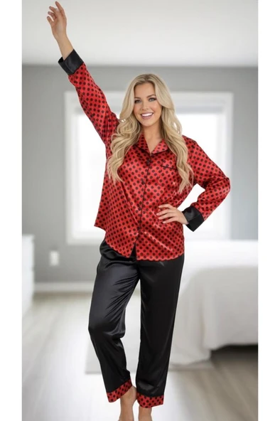 Sistina Bayan Siyah-Kırmızı Saten Uzun Kollu Pijama Takımı 1621 - Resim 4