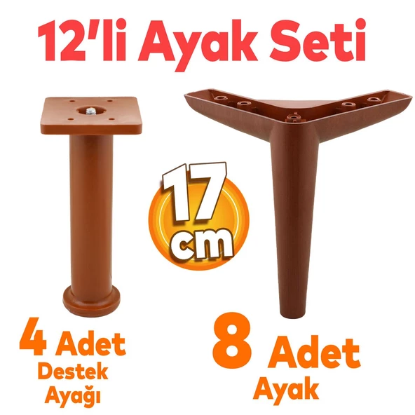 Piko Mobilya Ayağı 12'li Set Koltuk Kanepe Tv Ünitesi Konsol Destek 17 Cm Kahverengi Ayakları