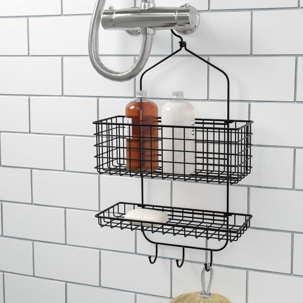 2 Katlı Banyo Duş Sepeti, MeridyenDukkan Siyah Renk 31x56 cm Metal Duş Rafı - 2