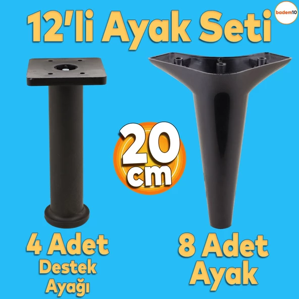 Aspen 12'li Set Mobilya Kanepe Koltuk Tv Ünitesi Ayağı Ayakları Destek 20 Cm Siyah Konsol