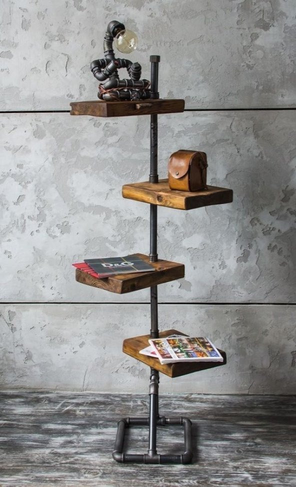 Dekoratif Borudan Raf ve Aydınlatma Lambader 2li Set