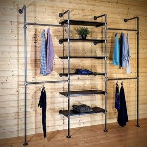 Dekoratif Borudan Raf ve Askılık 225 cm