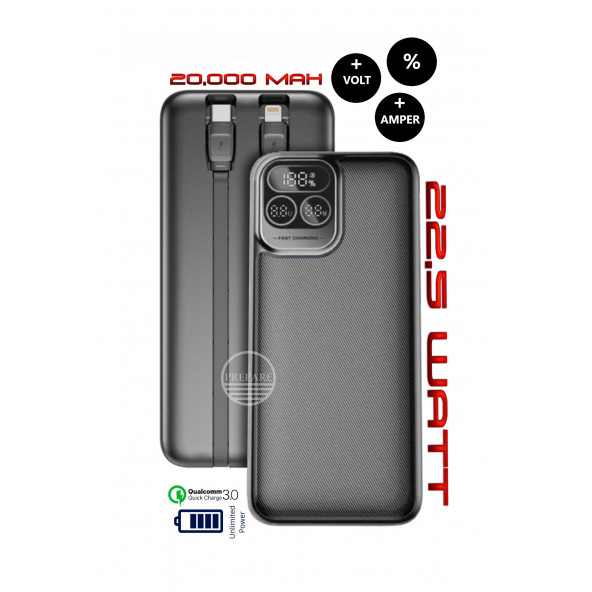 20,000 mAh Volt+Watt Yeni Nesil Gösterge Dahili Kablolu 22,5w PD Qualcoom Fast Hızlı Şarj Powerbank