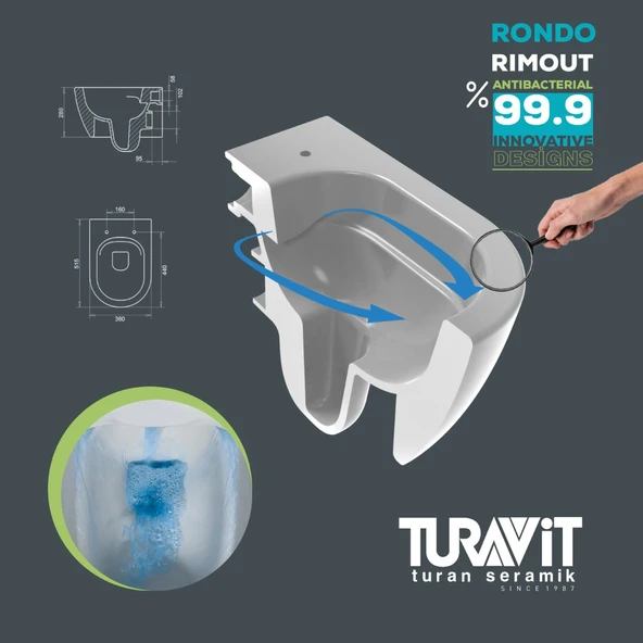 Turavit Rondo Beyaz Kanalsız Asma Klozet RND5512, Nkp Grande Yavaş Kapak - Resim 9