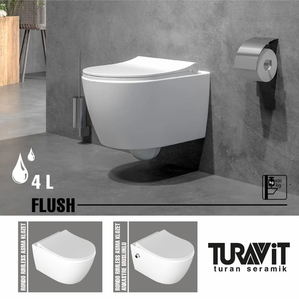 Turavit Rondo Beyaz Kanalsız Asma Klozet RND5512, Nkp Grande Yavaş Kapak - Resim 7