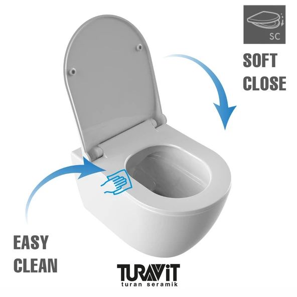 Turavit Rondo Beyaz Kanalsız Asma Klozet RND5512, Nkp Grande Yavaş Kapak - Resim 8