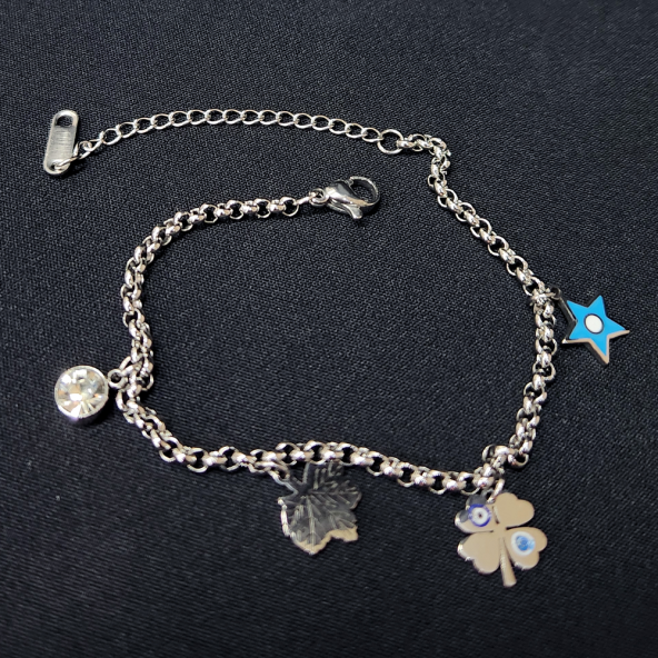 Stainless Steel Çelik Kadın Gümüş Renk Bileklik Yaprak Yonca Yıldız Desenli Künye - 1