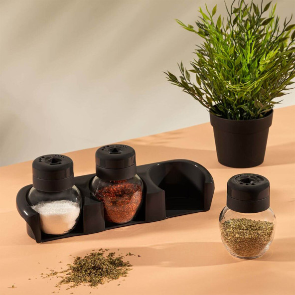 Porsima L-00372 Plastik Standlı Cam Baharatlık Takımı 210 cc 3'lü Tuz Baharatlık Seti ürün görseli