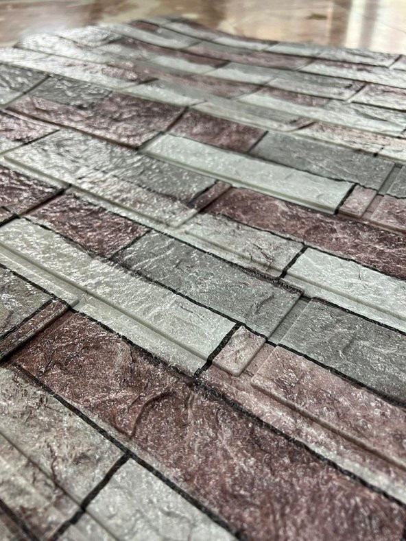 Renkli Duvarlar 70x77cm(0,53m2)Ofis Dükkan Mağaza Kendinden Yapışkanlı Bordo Gri Taş Desen Duvar Kağıdı Paneli NW139 - 3