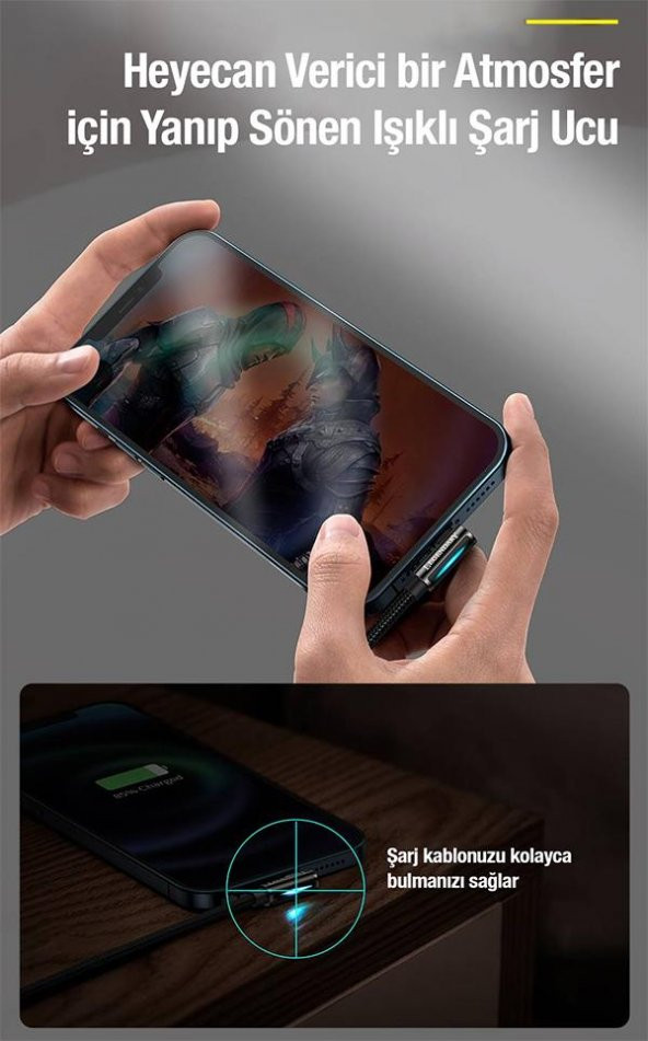Baseus Super Şarj 1Mt Led Işıklı L Tip İphone Oyuncu Şarj Kablosu İphone 11 12 13 14 Pro Max Şarj Kablosu - 2