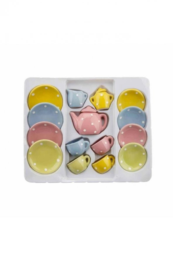 17 Parça Renkli Puantiyeli Porselen Çay Takımı Oyuncak Evcilik Seti - Resim 3