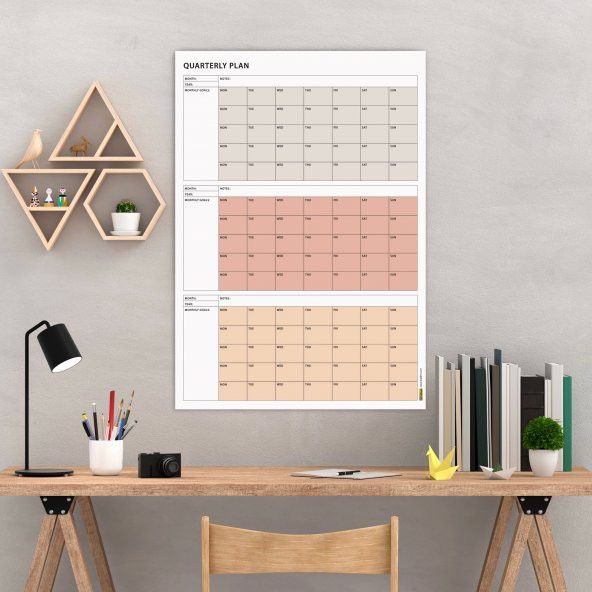 Tarihsiz Üç Aylık Duvar Takvimi, 90 Günlük Plan, Duvar Planlayıcı, Boho Renk, Toprak Tonu - 70x100 cm - 1
