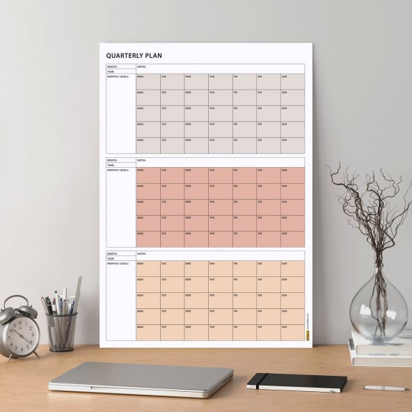 Tarihsiz Üç Aylık Duvar Takvimi, 90 Günlük Plan, Duvar Planlayıcı, Boho Renk, Toprak Tonu - 35x50 cm - 4