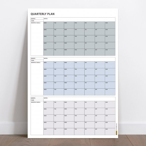Tarihsiz Üç Aylık Duvar Takvimi, 90 Günlük Plan, Duvar Planlayıcı, Gri Renk - 35x50 cm