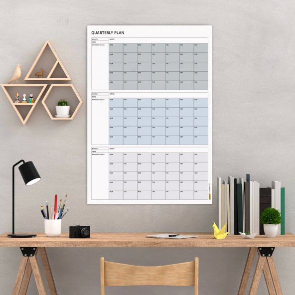 Tarihsiz Üç Aylık Duvar Takvimi, 90 Günlük Plan, Duvar Planlayıcı, Gri Renk - 35x50 cm - 2