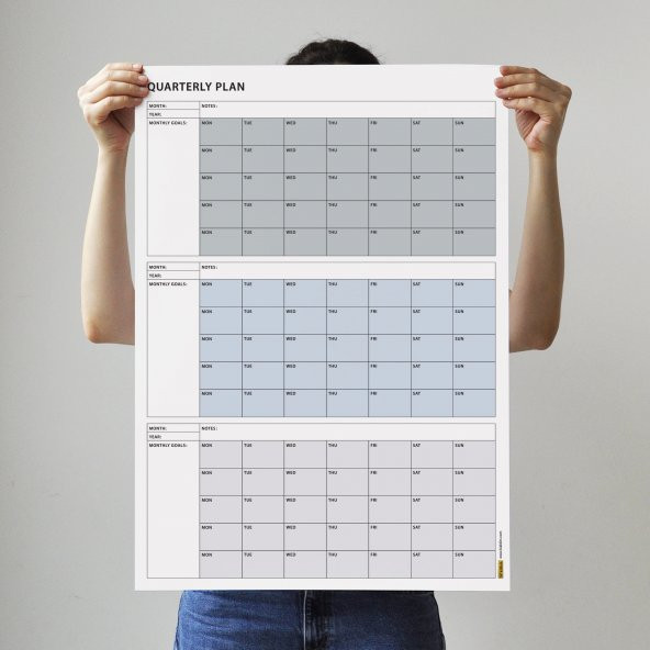 Tarihsiz Üç Aylık Duvar Takvimi, 90 Günlük Plan, Duvar Planlayıcı, Gri Renk - 35x50 cm - 5