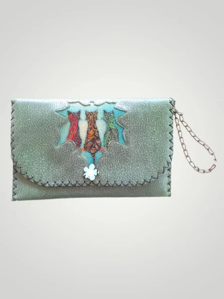 Vegan Deri Portföy/Clutch Kedili Tasarım Çanta - Yeşil Renk - Boyutları 17/26 - 4