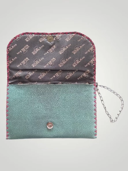 Vegan Deri Portföy/Clutch Resimli Tasarım Çanta - Yeşil Renk - Boyutları 17/26 - 2