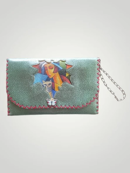 Vegan Deri Portföy/Clutch Resimli Tasarım Çanta - Yeşil Renk - Boyutları 17/26 - 3