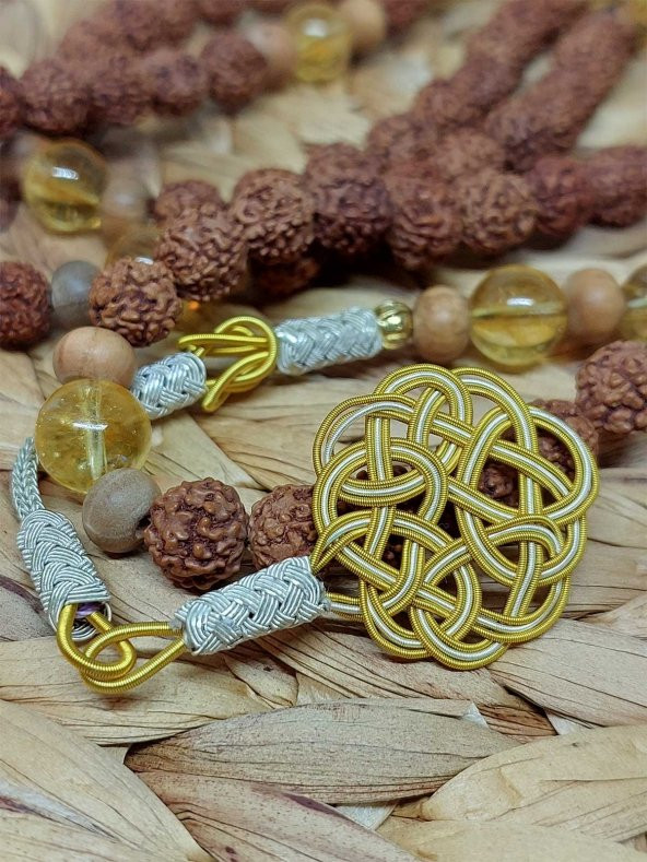 Rudraksha Tohumlu Sitrin Taşlı 108lik El Yapımı Bakır Kazazlı Mala Kolye - Resim 2