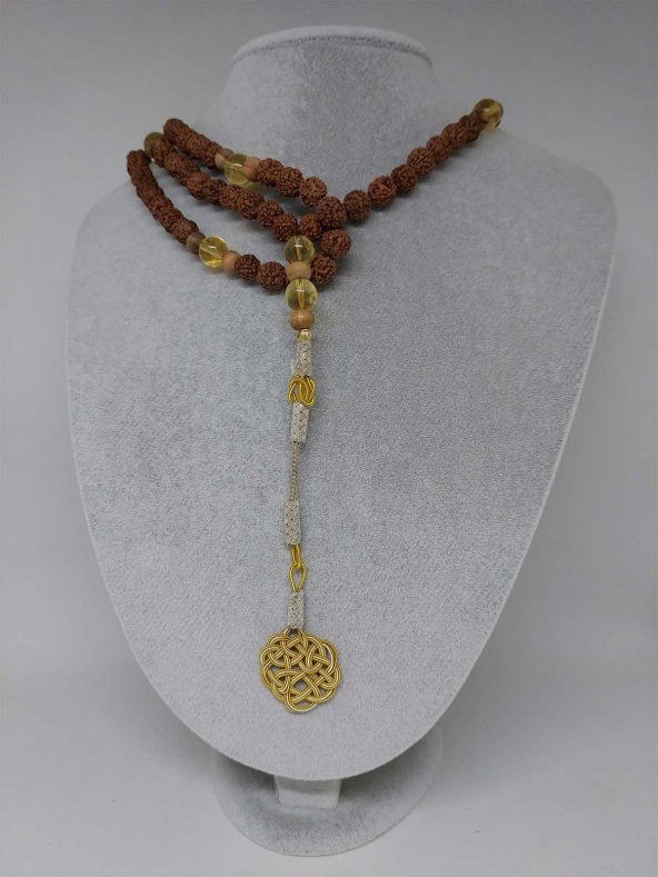 Rudraksha Tohumlu Sitrin Taşlı 108lik El Yapımı Bakır Kazazlı Mala Kolye - Resim 3