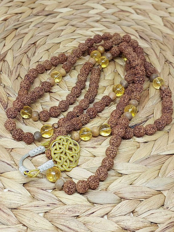 Rudraksha Tohumlu Sitrin Taşlı 108lik El Yapımı Bakır Kazazlı Mala Kolye - Resim 4