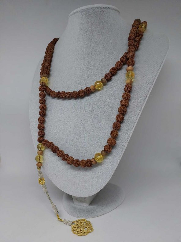 Rudraksha Tohumlu Sitrin Taşlı 108lik El Yapımı Bakır Kazazlı Mala Kolye - Resim 5