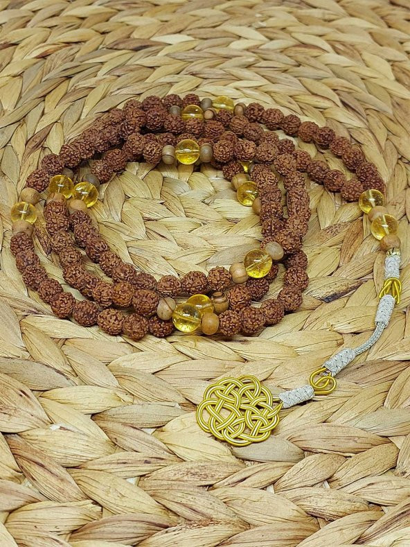 Rudraksha Tohumlu Sitrin Taşlı 108lik El Yapımı Bakır Kazazlı Mala Kolye - Resim 6
