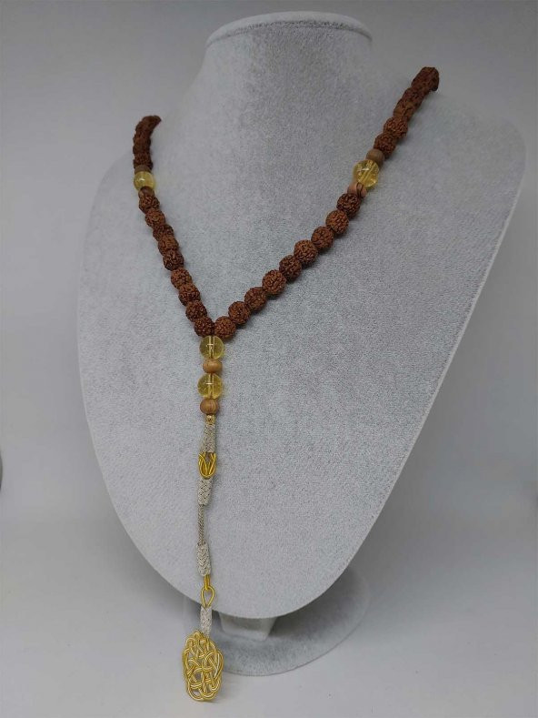 Rudraksha Tohumlu Sitrin Taşlı 108lik El Yapımı Bakır Kazazlı Mala Kolye - Resim 7