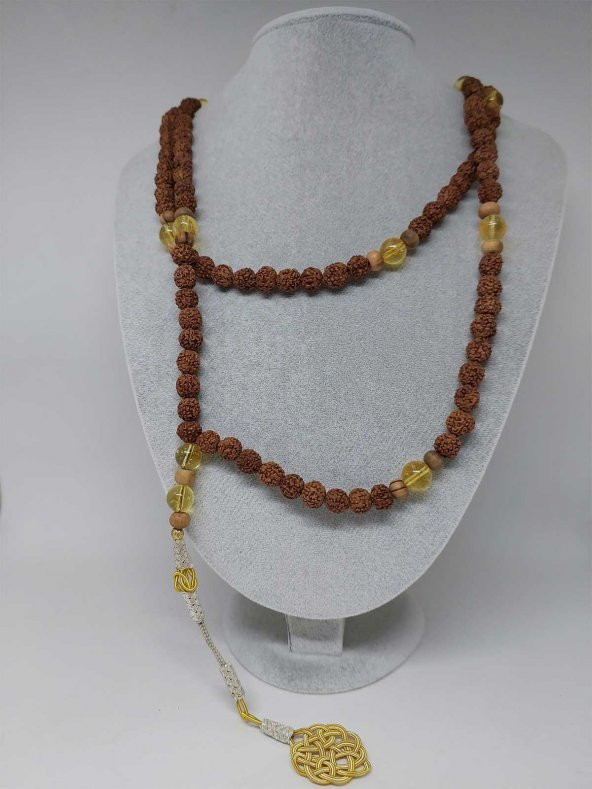 Rudraksha Tohumlu Sitrin Taşlı 108lik El Yapımı Bakır Kazazlı Mala Kolye - Resim 8