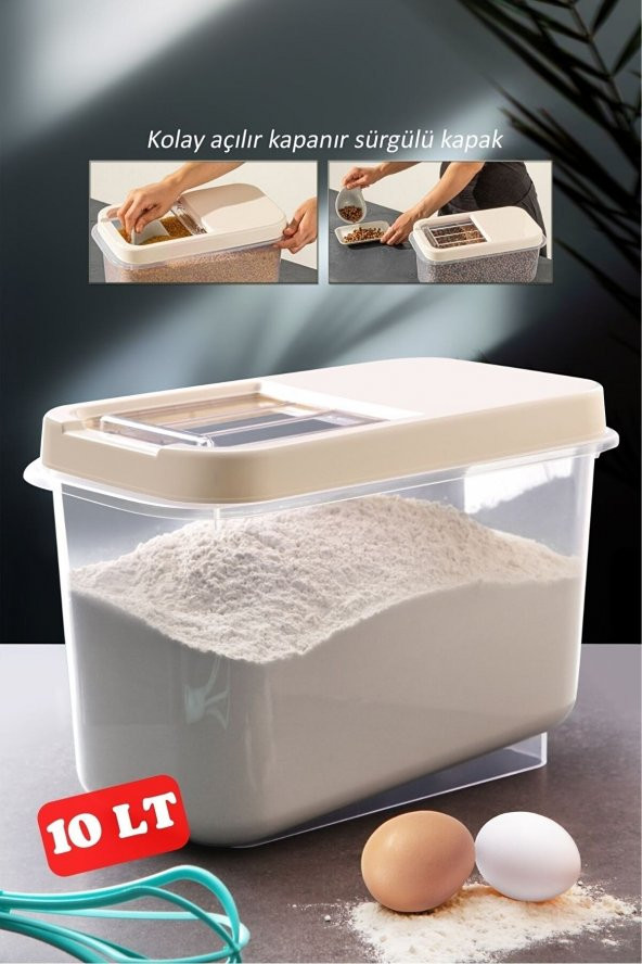Sürgülü Kapaklı 10 LT Erzak Bakliyat Un Şeker Saklama Kabı (3984)