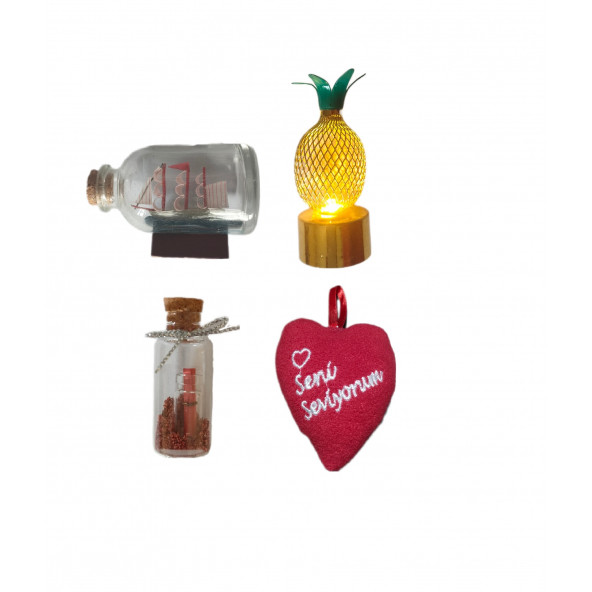 Eşe Sevgili Romantik Hediye Gold Ananas Mini Led Lamba Şişe Içinde Ahşap Gemi Dilek Şişe Kalp Yastık