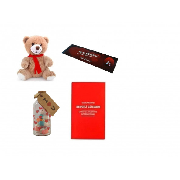 Eşe Sevgiliye En Güzel Gününde Romantik Hediye Sevgili Cüzdanı Aşk Çeki Dilek Şişesi Haplı Peluş Ayı