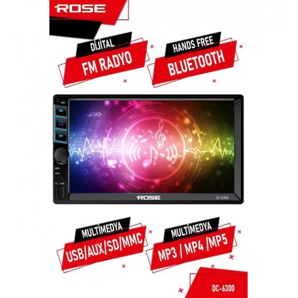 Rose DC-6300 V2 Double Din Geri Görüş Kameralı Bluetooth Oto Teyp