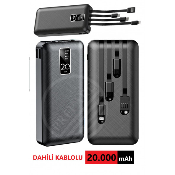 20.000 mAh Dahili Kablolu Powerbank  Lightning & Micro USB & USB Type C