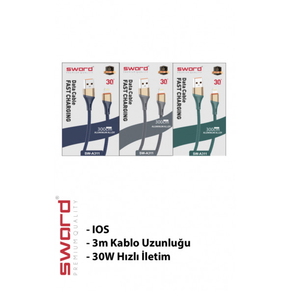 SWORD 3 metre Apple Iphone Hızlı Şarj ve Data Kablosu