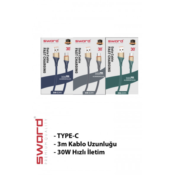 SWORD 3 metre Type-C Hızlı Şarj ve Data Kablosu