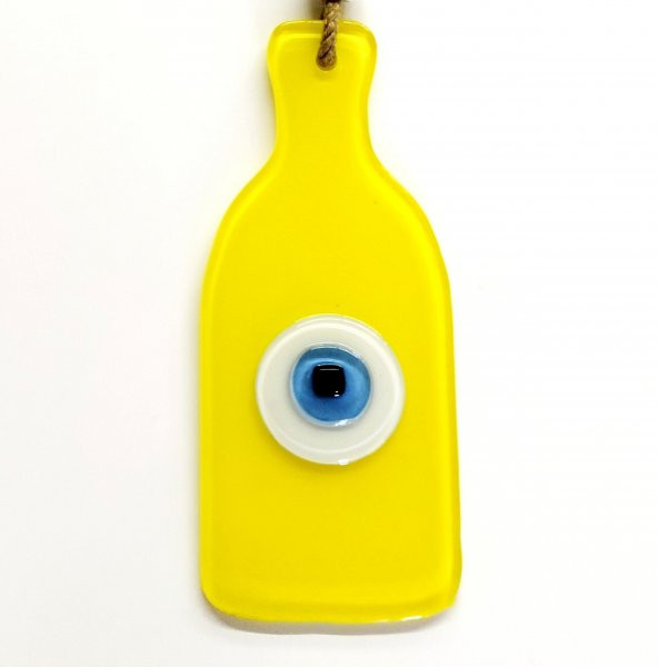 Nazar Boncuklu Sarı Renk Şişe Şekilli Cam Duvar Süsü Hediyelik Eşya ürün görseli