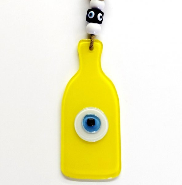 Nazar Boncuklu Sarı Renk Şişe Şekilli Cam Duvar Süsü Hediyelik Eşya - Resim 2