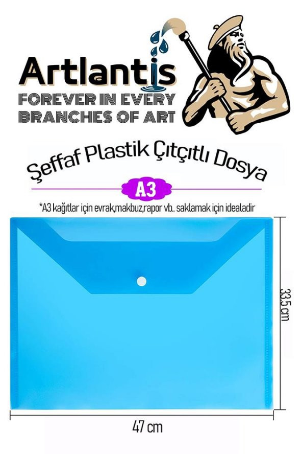 A3 Çıtçıtlı Dosya Mavi 1 Adet A-3 Çıt çıtlı Zarf Dosya Transparan 47x33.5 cm Büyük Boy Çıtçıtlı Dosya - 2