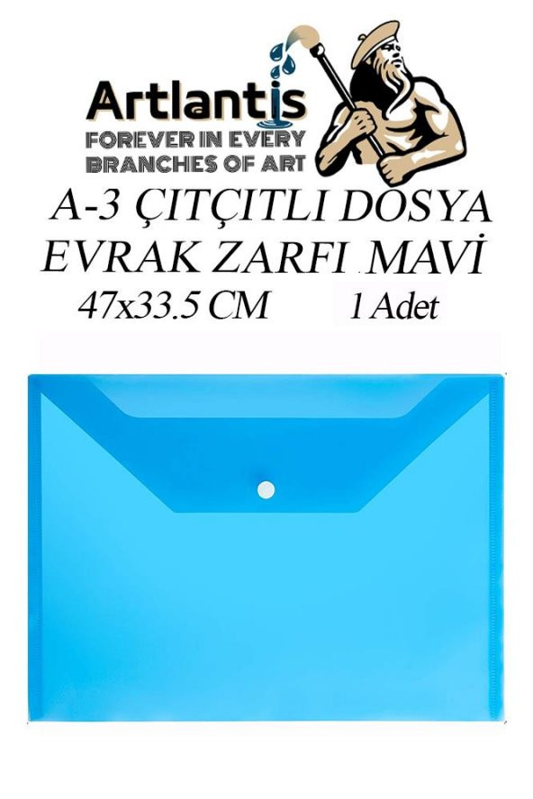 A3 Çıtçıtlı Dosya Mavi 1 Adet A-3 Çıt çıtlı Zarf Dosya Transparan 47x33.5 cm Büyük Boy Çıtçıtlı Dosya