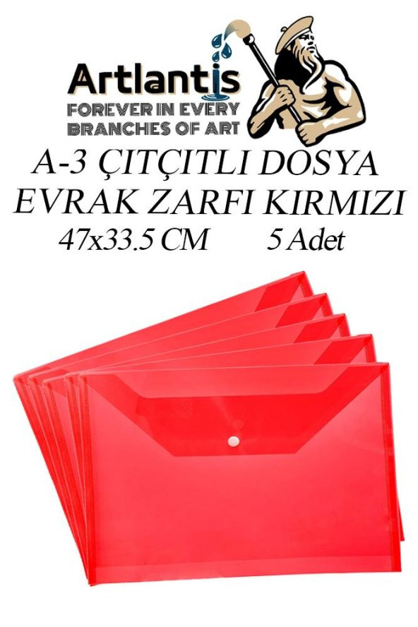 A3 Çıtçıtlı Dosya Kırmızı 5 Adet A-3 Çıt çıtlı Zarf Dosya Transparan 47x33.5 cm Büyük Boy Çıtçıtlı Dosya