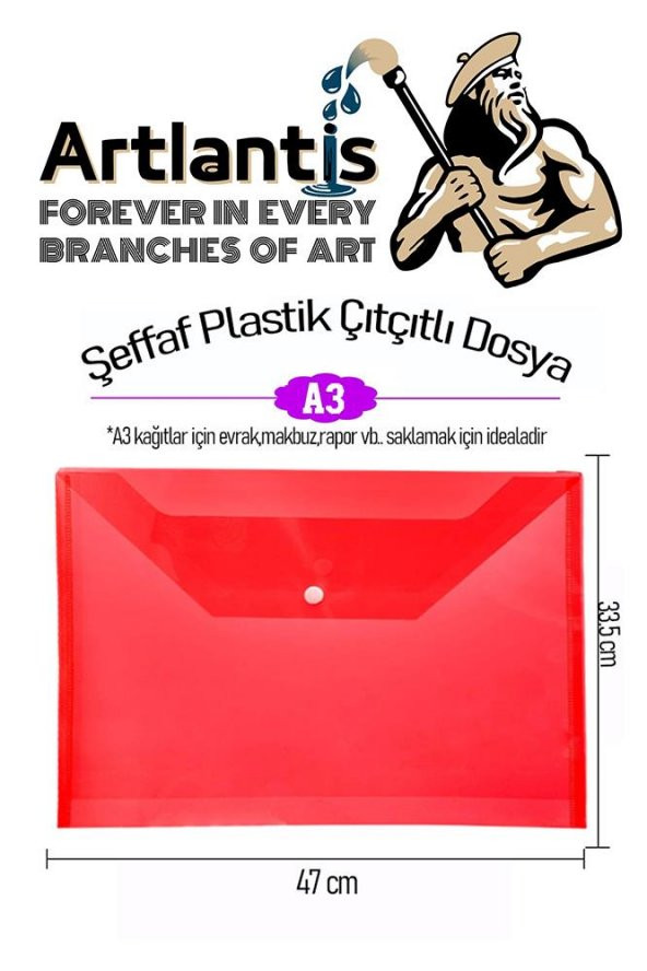 A3 Çıtçıtlı Dosya Kırmızı 5 Adet A-3 Çıt çıtlı Zarf Dosya Transparan 47x33.5 cm Büyük Boy Çıtçıtlı Dosya - 2