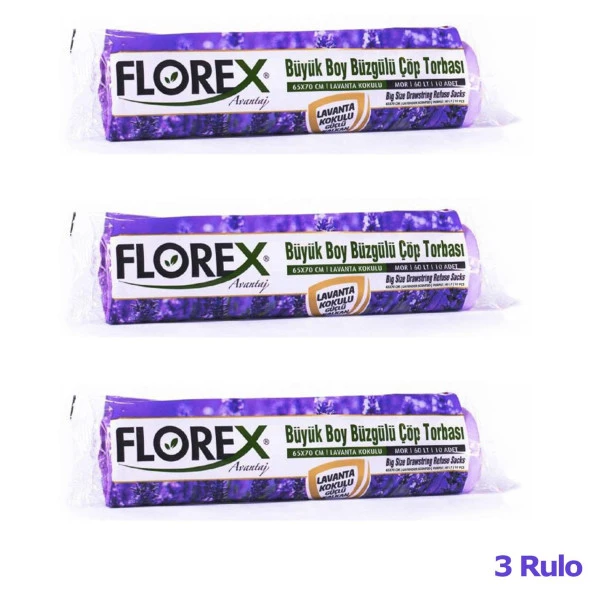 Florex 60 Litre Büzgülü Lavanta Kokulu Çöp Torbası Poşeti / 65 x 70 Cm. - 10 Adetlik 3 Rulo - Resim 2