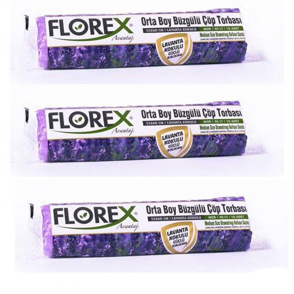 Florex 40 Litre Büzgülü Lavanta Kokulu Çöp Torbası Poşeti / 55 x 60 Cm. - 10 Adetlik 3 Rulo